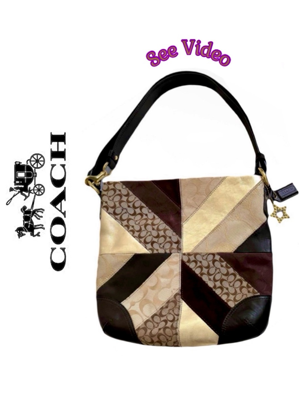 ๐ด Coach Vtg F17706 Gallery Signature Patchwork Purple Leather Suede Shoulder Bag - Picture 14 of 17